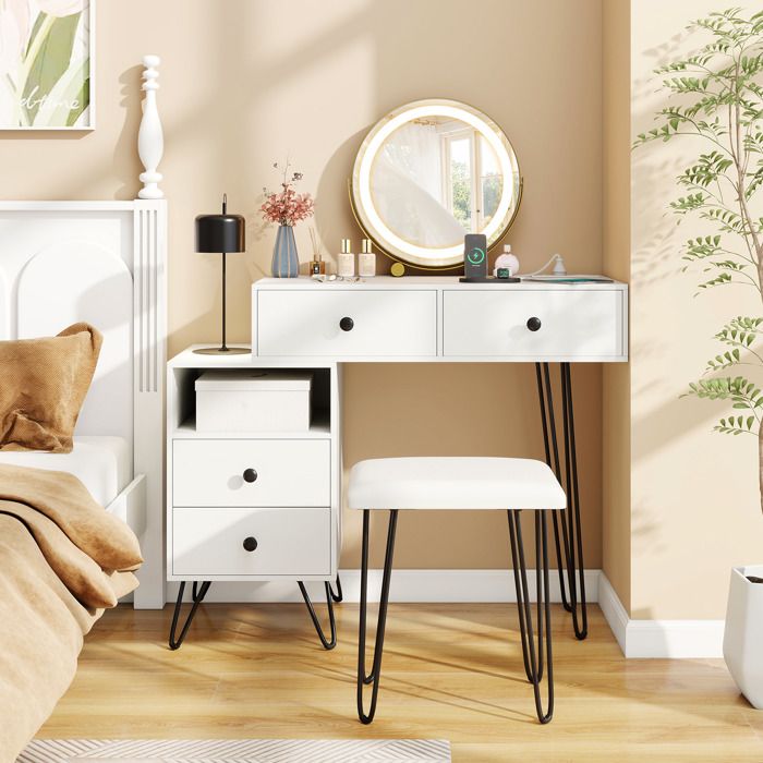 GIANTEX Coiffeuse avec Tabouret- Miroir Pivotant LED Réglable- 4 Tiroirs- Station de Charge- Compartiment Ouvert- 98x40x120cm- Blanc