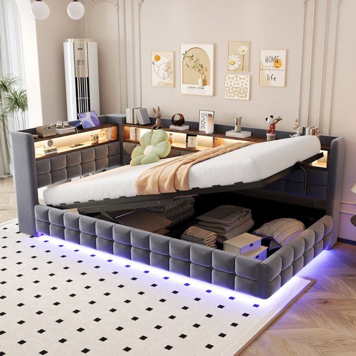 Lit 1 Personne 90x200 avec LED et Rangement Hydraulique - Tissu Velours Gris Tête de Lit avec Prise USB/Type-C Étagères en Bois