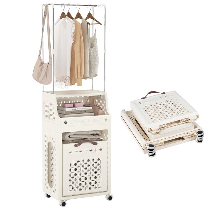 GIANTEX Panier à Linge Pliable Porte-Cintres en Métal 4 Roulettes Crochets Contenant Porte-Manteau en Plastique 40x29 5x136cm
