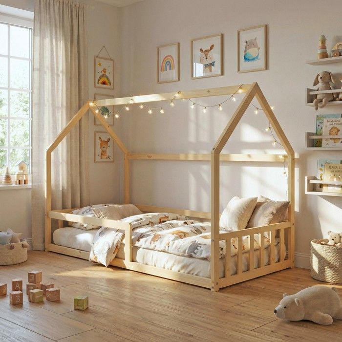 Lit cabane NEMO 90x190 + 1 sommier + barrière /Bois clair Lit cabane NEMO 90x190 + 1 sommier + barrière /Bois clair