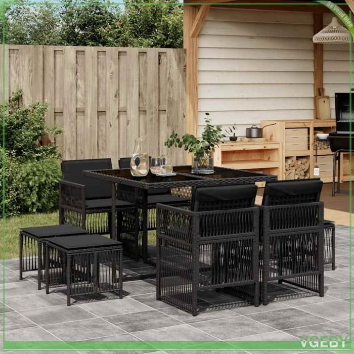 Ensemble à manger de jardin - 3210955 - résine tressée noire - coussins amovibles - table verre trempé