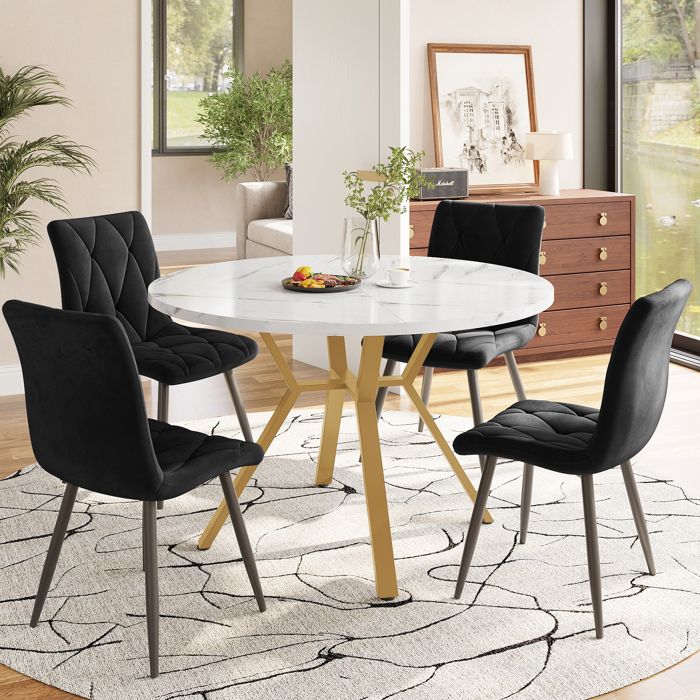 Set de table salle à manger - Ensemble Marbre Velours - Table ronde effet marbre - Piètement métal doré - 4 chaises velours noir
