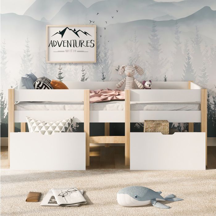 Lit enfant mi-hauteur blanc 90×190 cm sommier inclus tiroirs de rangement barrière anti-chute