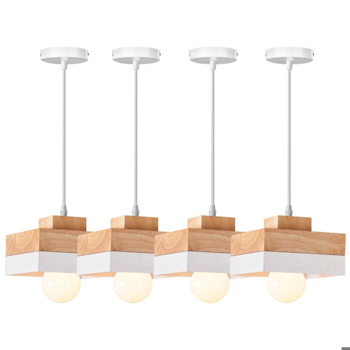 iDEGU 4x Suspension Lustre Moderneen Carre E27 Lampe de Plafond Vintage Abat-jour en Bois Metal Lustre Suspension Industriel 18x18cm