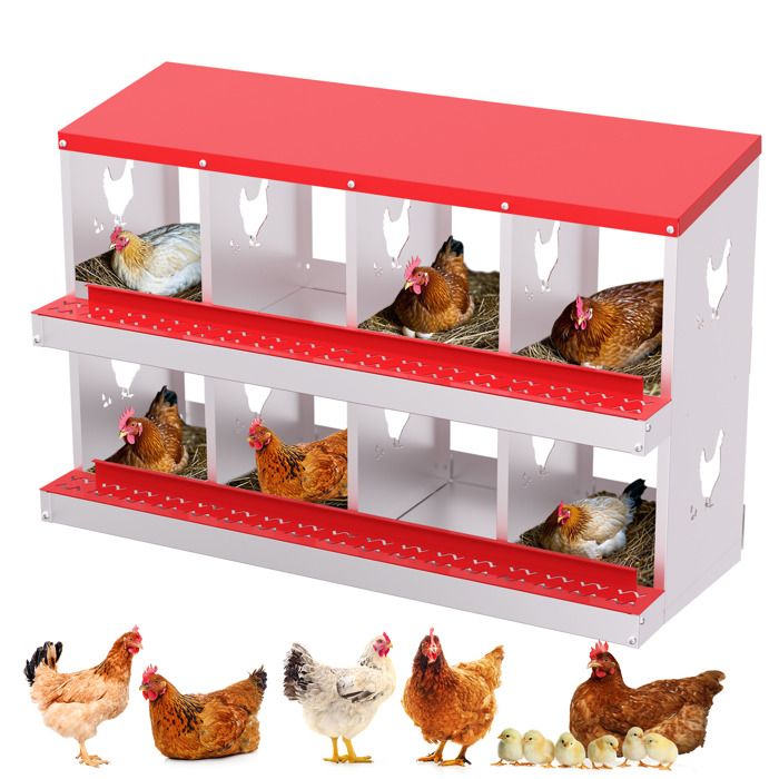 Pondoir Poules Pondeuses 8 Compartiments Poulailler en Acier Galvanisé Collecte des Œufs Couvercle Amovible Pratique Rouge