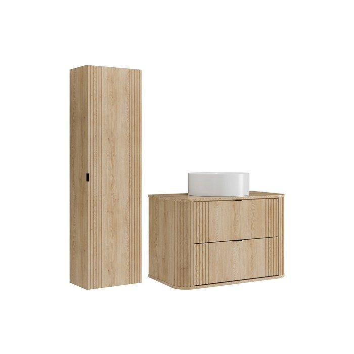 Meuble de salle de bain suspendu avec vasque à poser ronde et colonne - Naturel clair - 80 cm - FILOR Meuble de salle de bain suspendu avec vasque à poser ronde et colonne - Naturel clair - 80 cm - FILOR