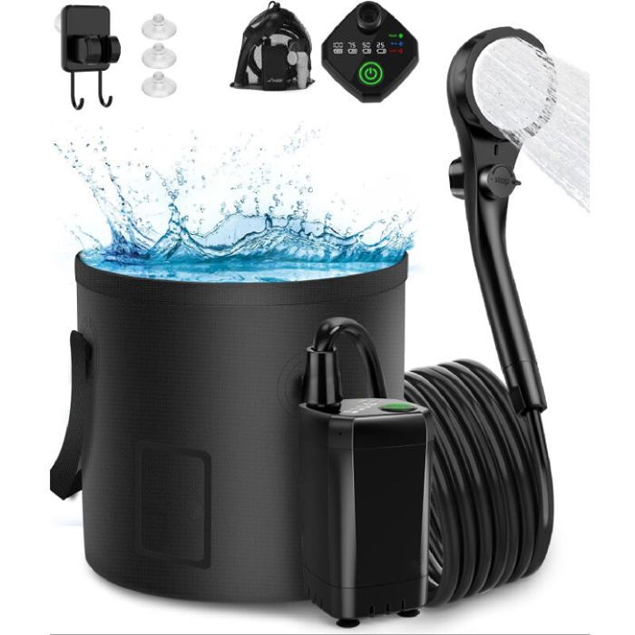 Douche de camping portable pompe de charge pour douche électrique dextérieur avec seau pliable de 20 L pommeau de douche de cam