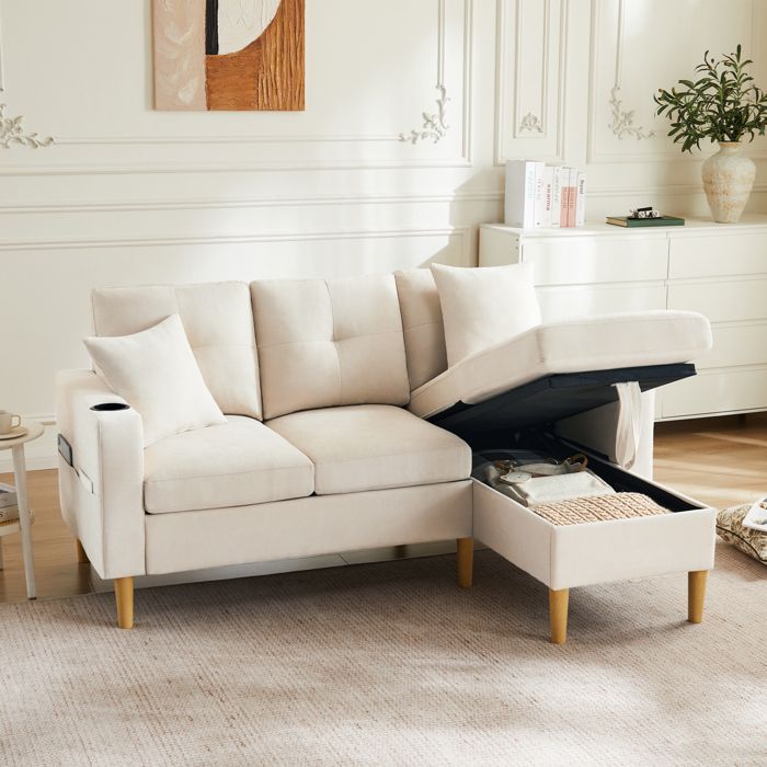 Canapé dangle convertible 175x129x90 cm 3 places avec chaise longue rangement porte-gobelet 2 coussins lin beige