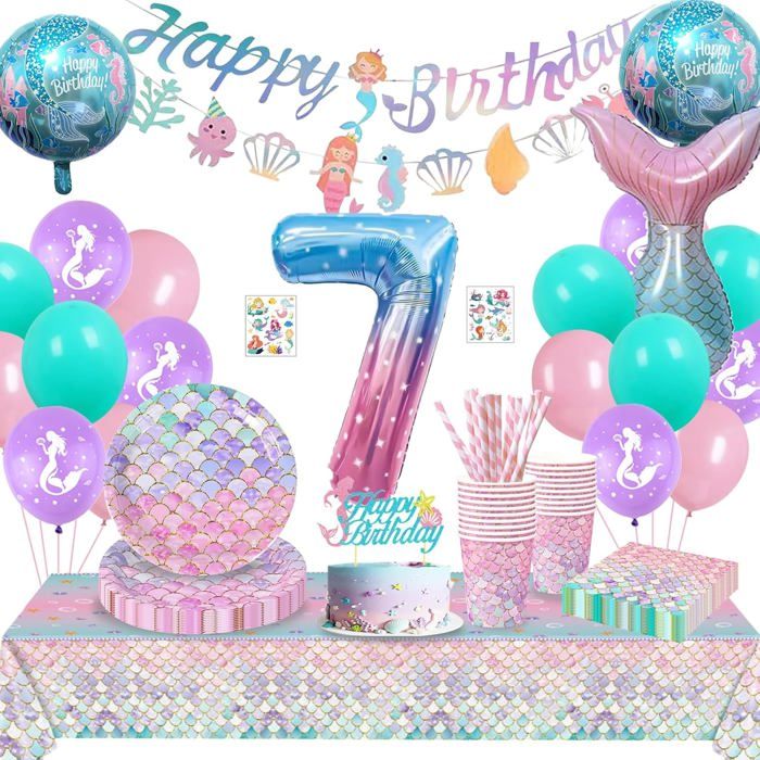 Decoration Anniversaire Sirene 7 AnsVaisselle Anniversaire Ballon Fille 7AnsVaisselle De Fête Sirene Assiettes Pour 7 Ans[BB443]
