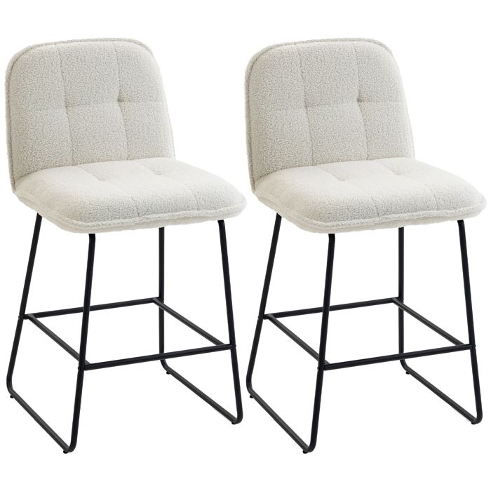 Lot de 2 tabourets de bar - HOMCOM - extra-large assise dossier et repose-pieds - tissu bouclette - 51 x 57 x 96 cm - crème