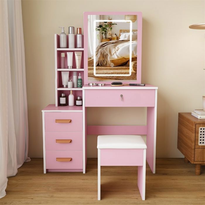 Coiffeuse avec miroir LED et tabouret - 4 tiroirs et rangements - Style rétro chic - Rose