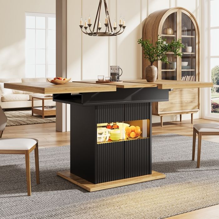 Table à Manger Extensible 4-6 Personnes-Table de Cuisine Rectangulaire -Éclairage LED- Plateau Aspect Bois et Noire-110-140x80cm