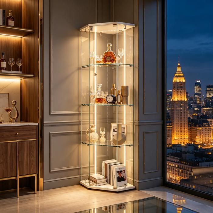 EZSSW Vitrine dangle LED RGB avec serrure verre trempé étagères réglables vitrine de collection - blanc bandeau lumineux