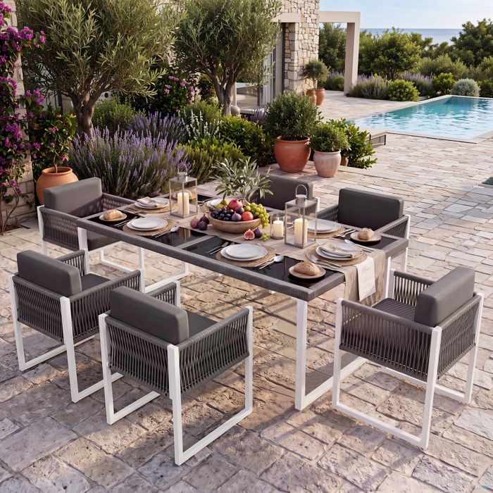 Ensemble repas de jardin - Table 170x80x75 cm - 6 chaises - Plateau en verre trempé - Coussins 85 cm