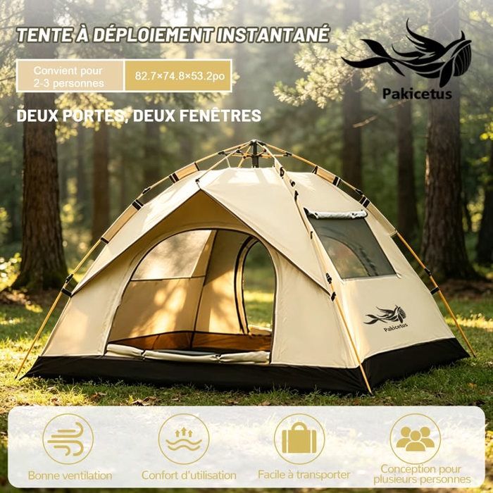Pakicetus Tente de camping，pour 2-3 personnes，imperméable，Montage automatique，Alpinisme，Or sablé