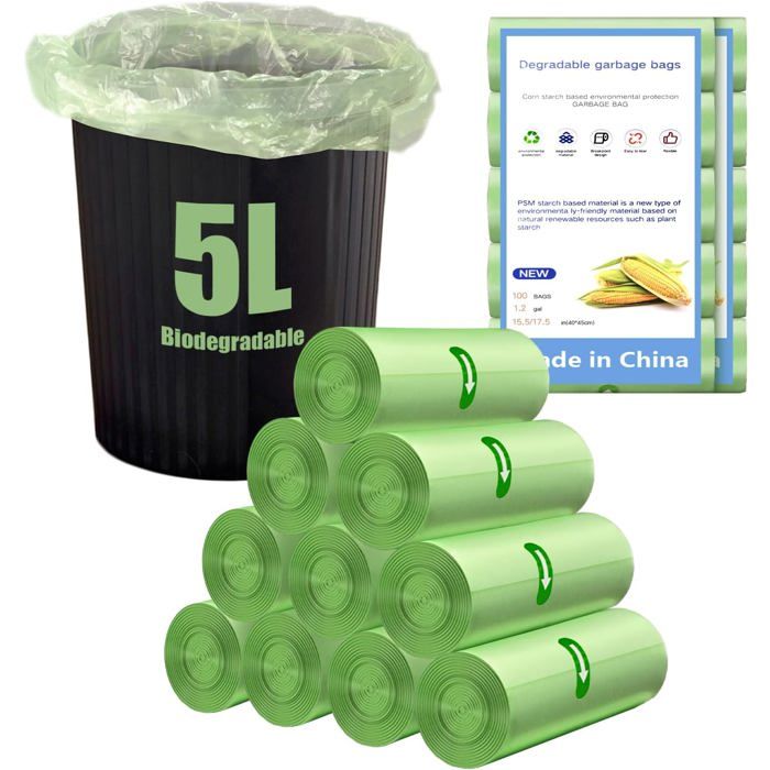 Sac poubelle biodégradable 5 L - lot de 200 (10 rouleaux) 40 x 45 cm - résistant et étanche pour cuisine