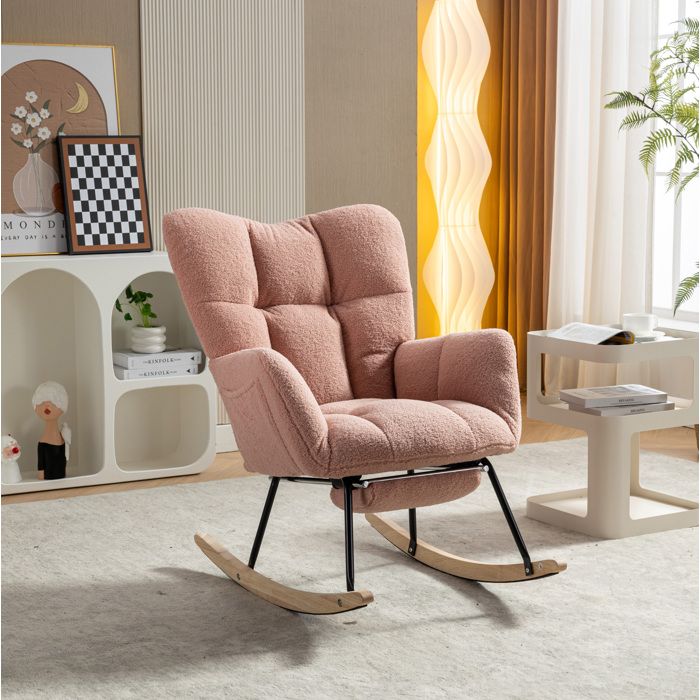 Fauteuil A Bascule Teddy Rose Rocking Chair Moderne FloraGrace Pour Salon Ou Chambre Repose-Pieds Pliable 80x98x98 5cm