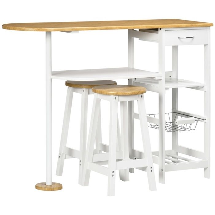 Table bar 119x38.5x88.5 cm avec rangement 2 tabourets blanc