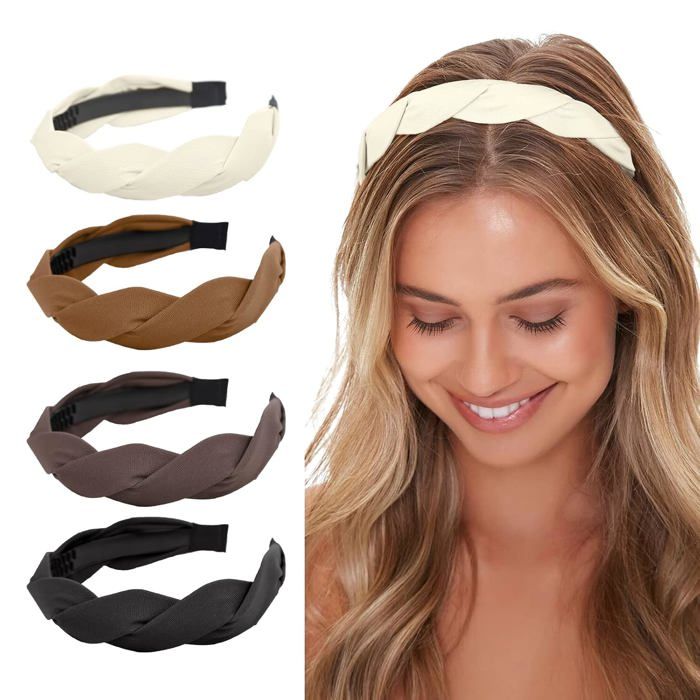 Lot de 4 serre-têtes tressés larges antidérapants style rétro noir blanc marron café accessoire cheveux femme