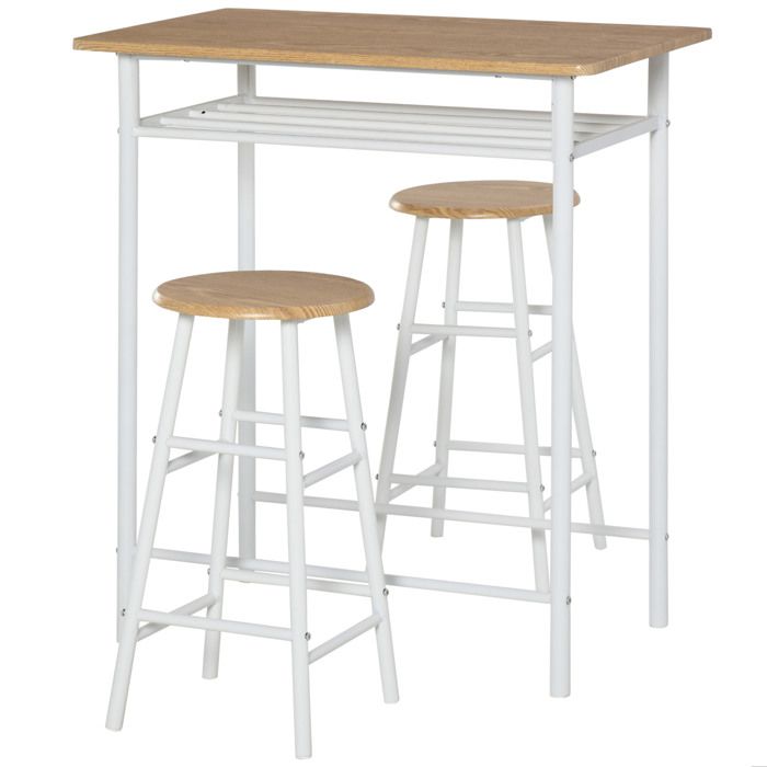 Ensemble table de bar 3 pièces – table haute avec 2 tabourets et étagère – blanc/chêne – 80 x 50 x 90 cm