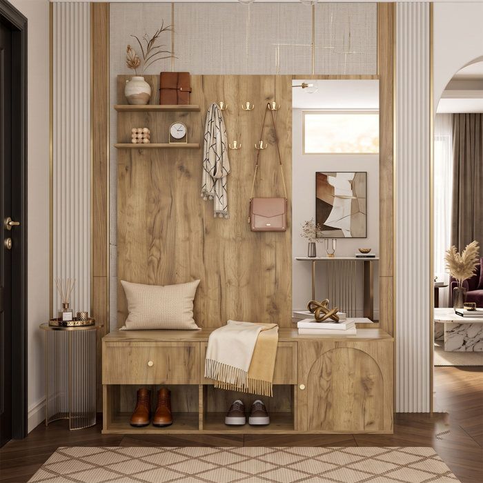 Meuble dEntrée Vestiaire 120x35x159cm Grand Rangement Miroir Grand Format Banc à Chaussures Style Bois Naturel - Chêne