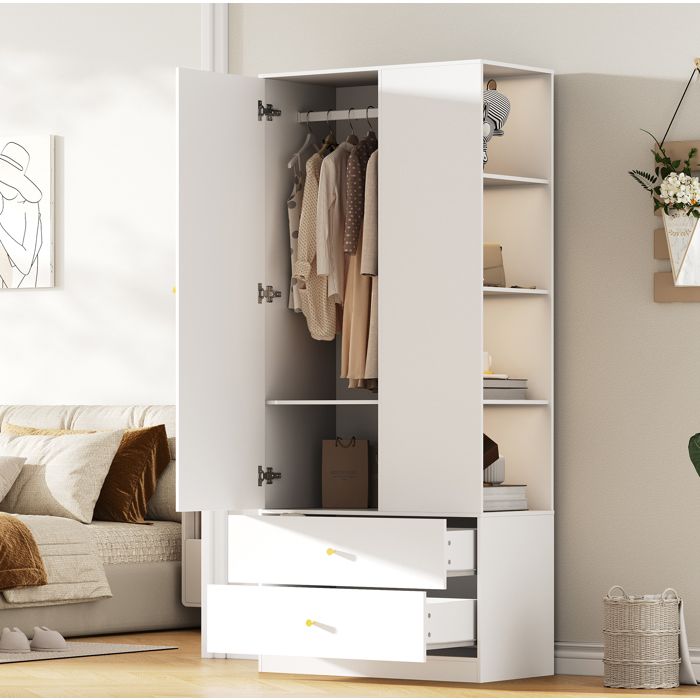Armoire de chambre avec miroir 1 porte 2 tiroirs 4 étagères tringle MDF blanc 80 x 40 x 180 cm VEVXYN