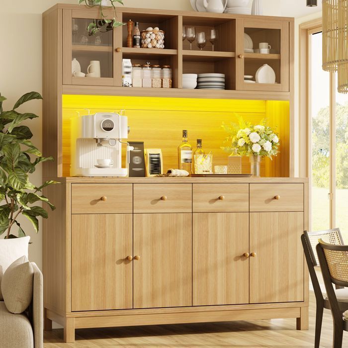 Buffet de Cuisine Vaisselier 140 cm avec LED Meuble à Café Portes Vitrées 4 Tiroirs Étagères Réglables Bois Naturel