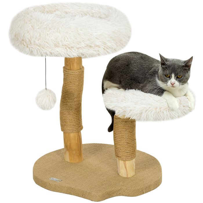 Arbre à chat 61 5 cm avec griffoirs plateformes couchage et jouet en bois et peluche blanc