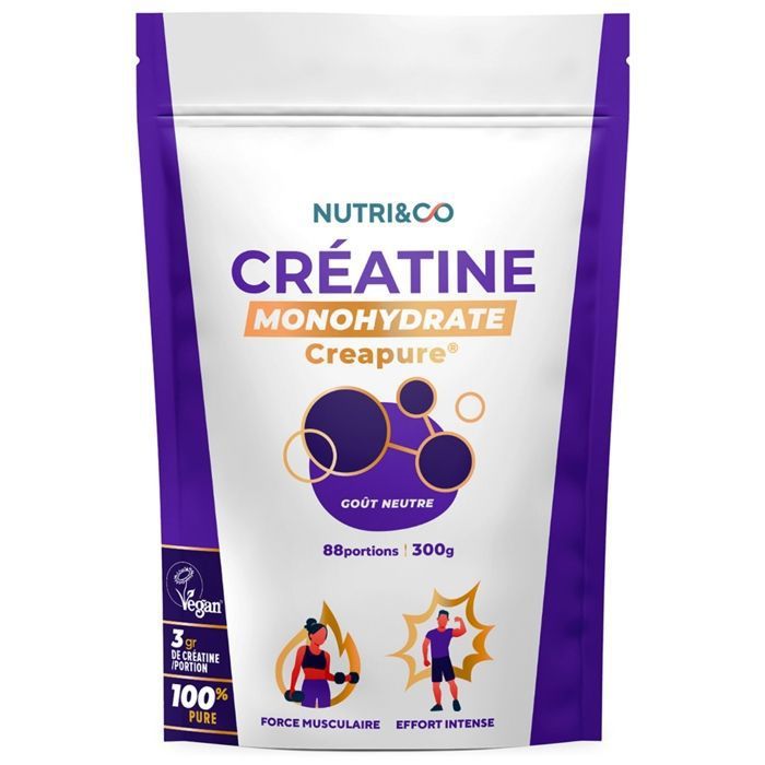 Créatine Monohydrate Creapure Poudre 300g Goût Neutre 88 Doses de Creatine Vegan Bio