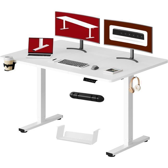 SANODESK 140x60cm Bureau Assis Debout Électrique avec Système Anti-Collision et Fonctions Mémoires Crochet/Porte-gobelet Blanc