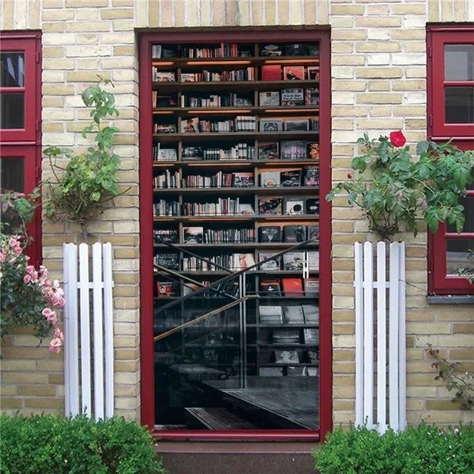 Stickers Porte Trompe L'oeil Étagère À Livres Poster Pour Porte Livres De Bibliothèque Papier Peint Autocollant Porte Chambre Décoration Auto Adhésif Imperméable Sticker Porte 90x200 Cm 293A