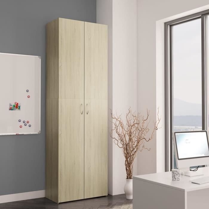 Armoire de bureau - KAI - Chêne sonoma - 2 portes - 5 étagères - 60x32x190 cm