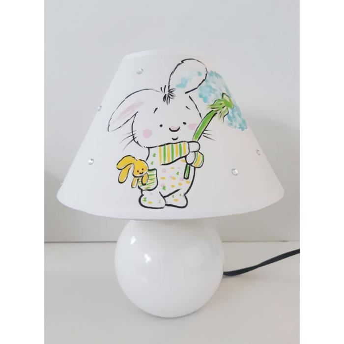 LAMPE DE CHEVET PEINT MAIN BEBE LAPIN DOUDOU FLEUR STRASS e171