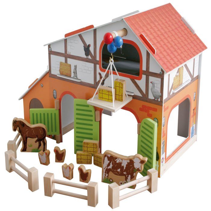 coffret farm roba - grange étable clôture et 6 animaux de ferme en bois - jeu de société pour enfant dès 3 ans
