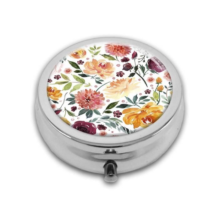 Petite Boîte Ronde En Métal Décorée Fleurs - Pilulier Ou Boîte à Souvenirs