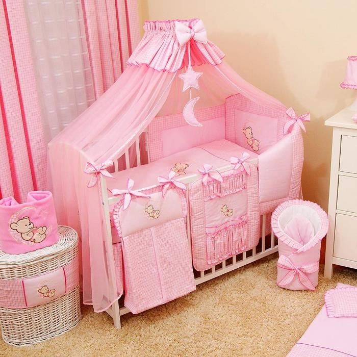 Bello Parure de lit pour bébé 16 pièces Parure de lit bébé 60 x 120 cm, rose ciel de lit pour lit bébé Parure de lit complète pour enfant 