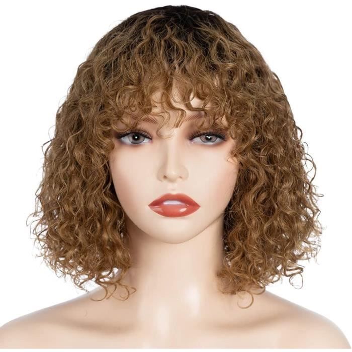 Short Curly Human-Hair Wigs With Bangs 10 Inch Jerry Curl Bob Wigs ...