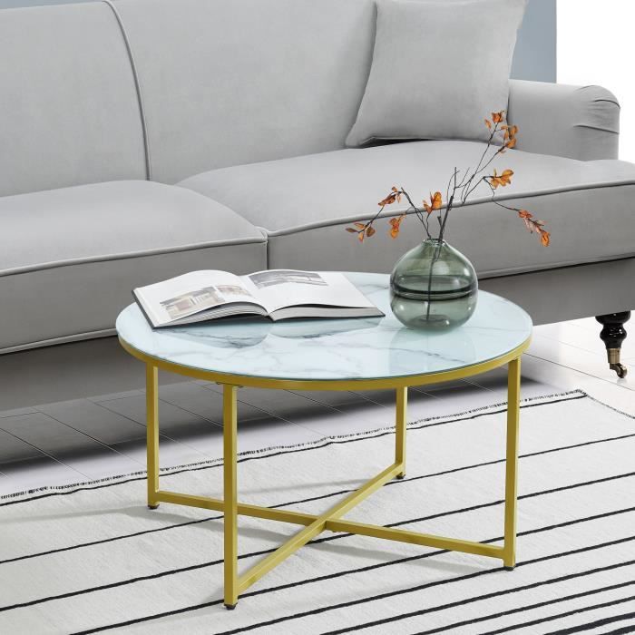Table basse ronde Uppvidinge pour salon 45 x 80 cm marbre blanc - doré [en.casa]