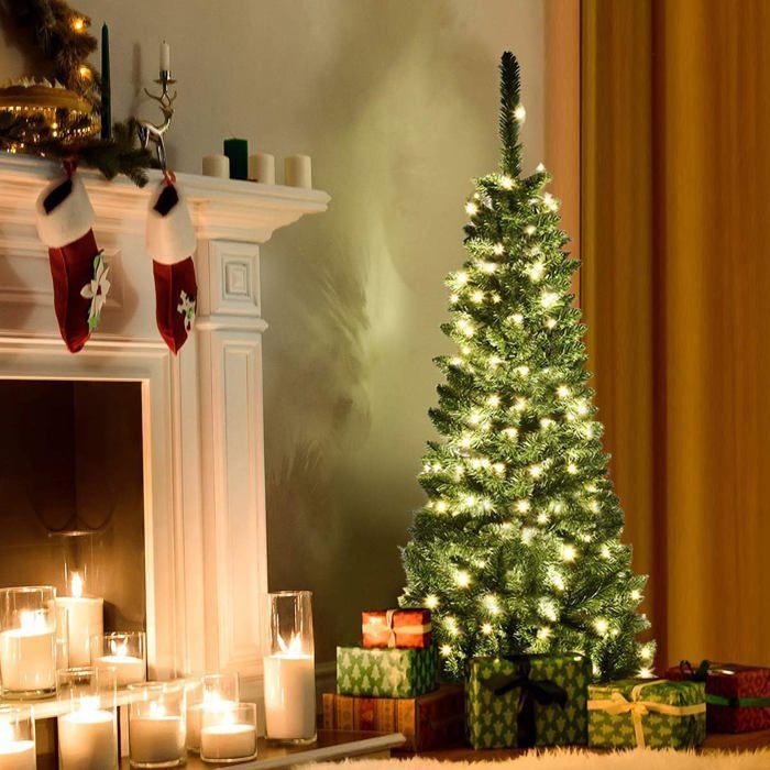 Sapin de Noël Artificiel Lumineux Mince,LED Lumière Blanche Chaude