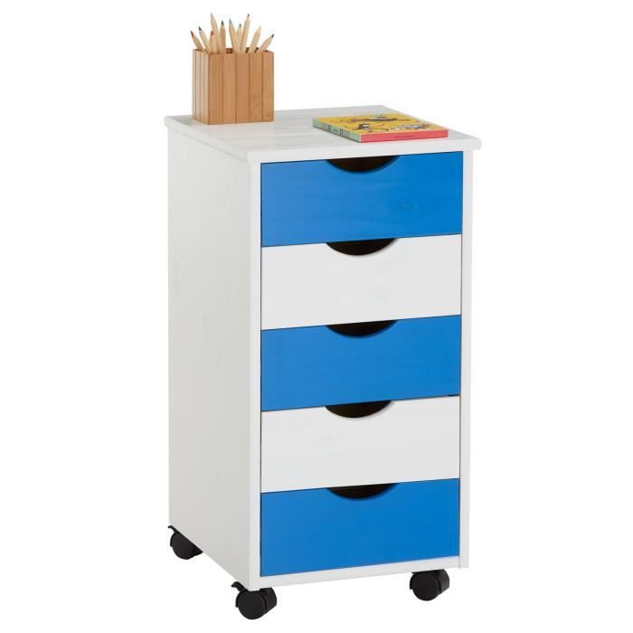 caisson de bureau lagos meuble de rangement sur roulettes avec 5 tiroirs, en pin massif lasuré blanc et bleu
