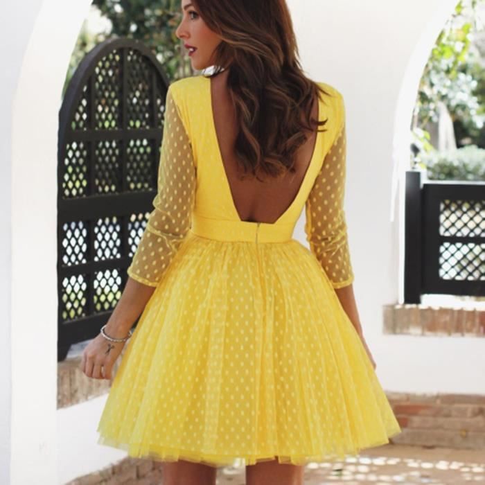 Les Femmes De Couleur Solide Col Rond Manches Longues Diner Soiree Ouverte Robe Retour Jaune Jaune Achat Vente Robe Cdiscount