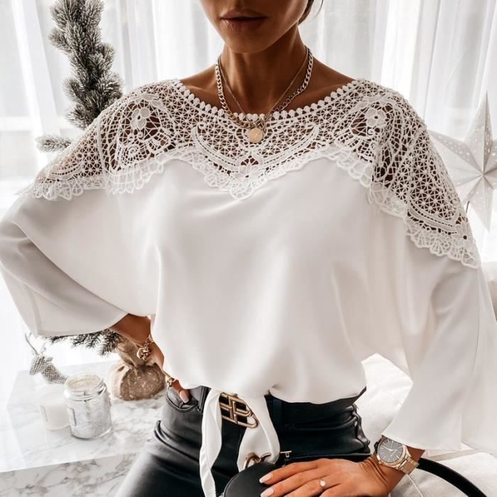 Blouse femme Nouveau automne dentelle blanc Blouse femmes o cou au Crochet a manches longues chemise broderie Type WHITE Blanc Cdiscount Pret a Porter