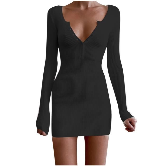 Mini Robe Moulante à Manches Longues Et à Encolure En V Pour Femmes