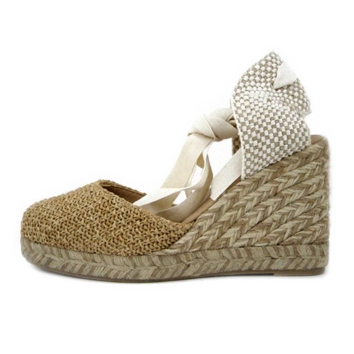 espadrilles compensées femme - raquel perez - beige - ruban à nouer - talon 9cm - made in spain