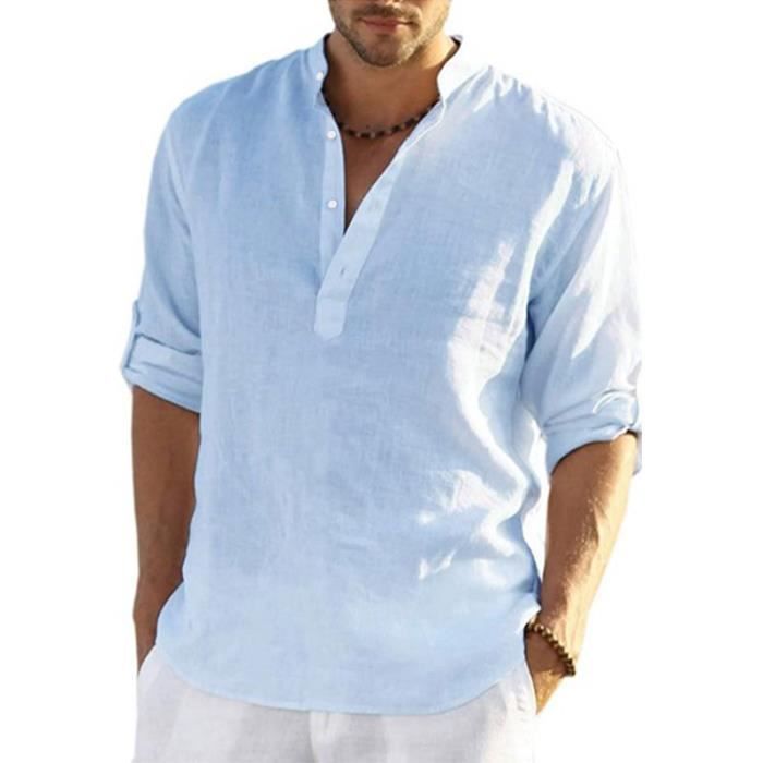 Chemise En Lin Homme Manches Longues NANAMEEI – Col Mao Casual Respirante Pour Été Et Plage