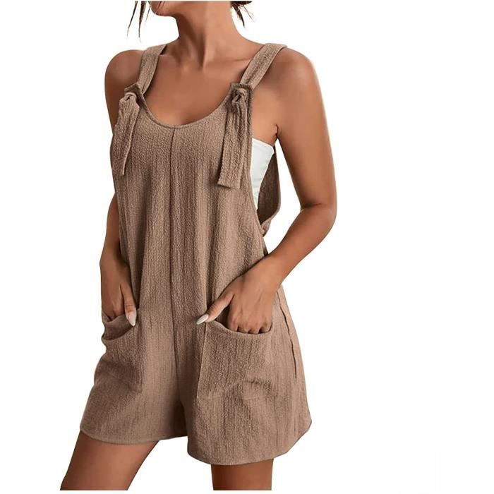 Combishorts Femme - Sans Manches - Taille Haute - Style Plage Ou Ville - Matière Coton/Lin - Multicolor