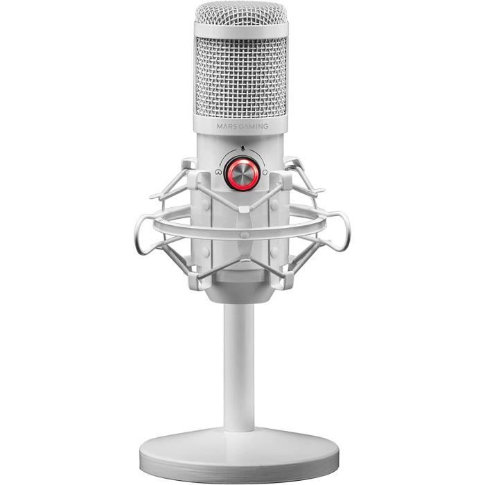 Microphone Studio Professionnel LED, Mute, USB + Jack 3.5mm, Blanc,Mars Gaming MMICXW, Support antivibratoire,Fonction Mute ON/OFF