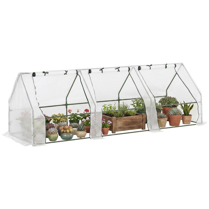 Mini serre de jardin - Outsunny - tunnel toit pointu bâche PE haute densité anti-UV - acier - 270x90x90cm - blanc
