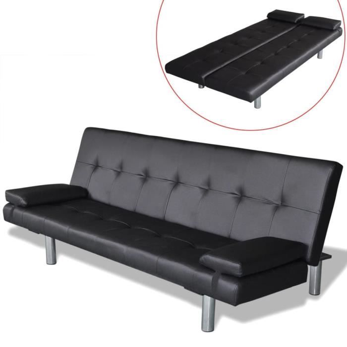 Canapé-lit Canapé dangle Banquette clic clac contemporain réglable avec 2 oreillers Cuir synthétique Noir