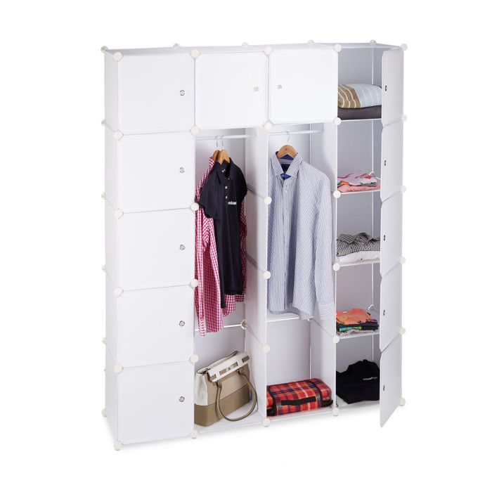Relaxdays Étagère cubes rangement penderie armoire 14 compartiments plastique 2 tringles modulable plastique blanc